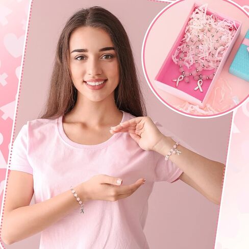 24 Pcs Pink Beaded Breast Cancer Awareness Gifts for Women Adjustable Breast Cancer Bracelets with Ribbon Charm Strong Women's Stretch Bracelets for Breast Cancer Survivor Gifts Support Campaign in Kuwait