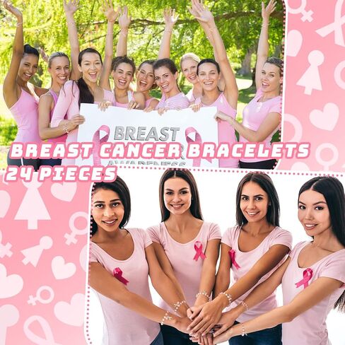 24 Pcs Pink Beaded Breast Cancer Awareness Gifts for Women Adjustable Breast Cancer Bracelets with Ribbon Charm Strong Women's Stretch Bracelets for Breast Cancer Survivor Gifts Support Campaign in Kuwait