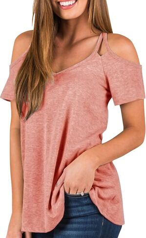 Minclouse Women's Summer Short Sleeves Tops Cold Shoulder V Neck Shirts Casual Strappy Tees in Kuwait