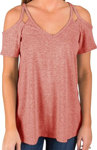 Minclouse Women's Summer Short Sleeves Tops Cold Shoulder V Neck Shirts Casual Strappy Tees in Kuwait