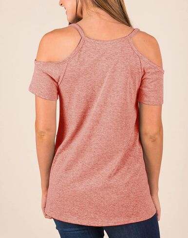 Minclouse Women's Summer Short Sleeves Tops Cold Shoulder V Neck Shirts Casual Strappy Tees in Kuwait
