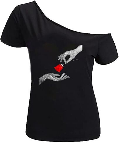 MAGICMK Women’s Short Lips Print Causal Off The Shoulder Plus Size T-Shirt Tops in Kuwait