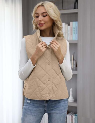 PEKMRMN Womens Quilted Vest Lightweight Sleevesless Stand Collar Button Down Padded Gilet Fall Outerwear Vests with Pockets in Kuwait