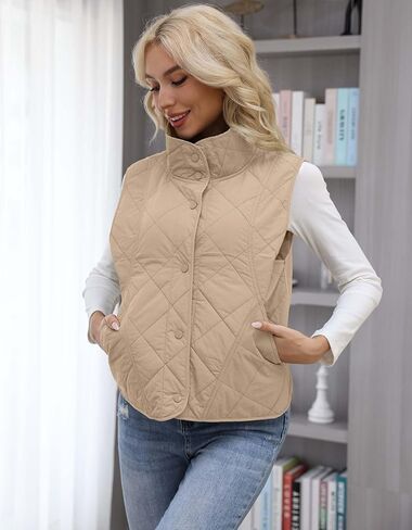 PEKMRMN Womens Quilted Vest Lightweight Sleevesless Stand Collar Button Down Padded Gilet Fall Outerwear Vests with Pockets in Kuwait