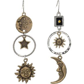 Asymmetric Sun Moon Star Dangle Drop Earrings Retro Bohemian Opal Sun Moon Earrings Long Sun Moon Star Tassel Earrings Greek Mythology Face Earrings for Women Girls