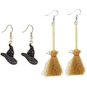 Set 2 Pairs Cute Witch Hat and Broom Earrings, Witch's Flying Straw handmade Dangle Earrings,Witches Broom for Halloween Funny Earrings for Women Girls Fall Jewelry in Kuwait