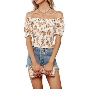 LYANER Women's Off Shoulder Shirred Short Sleeve Crop Blouse Tee Top