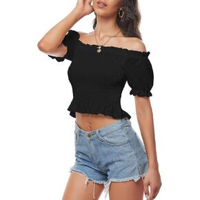 LYANER Women's Off Shoulder Shirred Short Sleeve Crop Blouse Tee Top in Saudi Arabia