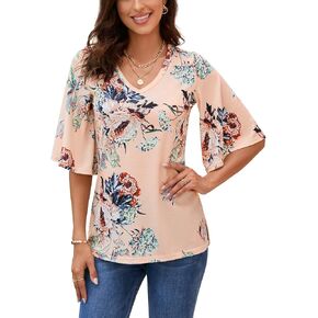 KOJOOIN Women's 3/4 Bell Sleeve Shirt Loose Fit V Neck Blouse Cute Tops in Kuwait