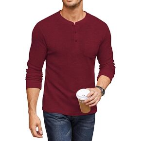 COOFANDY Men's Henley Shirts Long Sleeve Basic Waffle Pique Pullover T-Shirt with Pocket