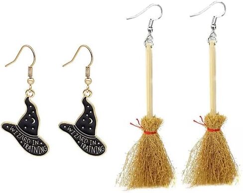 Set 2 Pairs Cute Witch Hat and Broom Earrings, Witch's Flying Straw handmade Dangle Earrings,Witches Broom for Halloween Funny Earrings for Women Girls Fall Jewelry in Kuwait
