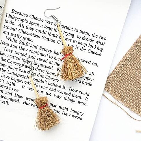 Set 2 Pairs Cute Witch Hat and Broom Earrings, Witch's Flying Straw handmade Dangle Earrings,Witches Broom for Halloween Funny Earrings for Women Girls Fall Jewelry in Kuwait