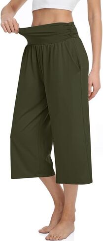 TARSE Women's High Waisted Capri Pants Casual Wide Leg Yoga Pants Loose Soft Pajamas with Pockets Sweatpants in Kuwait