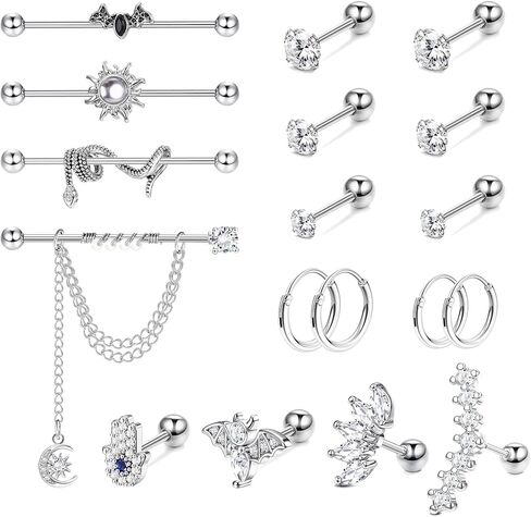 JOERICA Industrial Piercing Jewelry 14G 16G Stainless Steel Chain Industrial Barbell Cartilage Helix Tragus Conch Stud Earrings Hoop Piercing Industrial Earrings for Women Men in Saudi Arabia