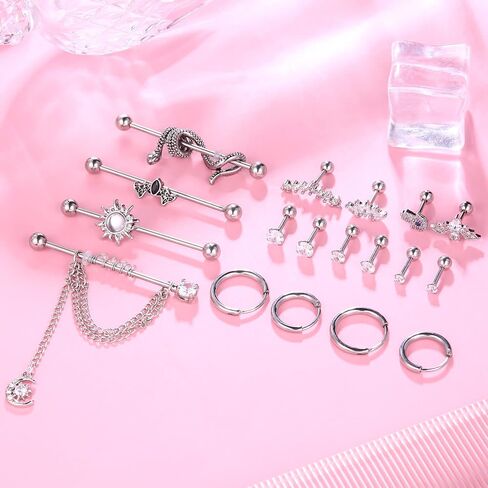 JOERICA Industrial Piercing Jewelry 14G 16G Stainless Steel Chain Industrial Barbell Cartilage Helix Tragus Conch Stud Earrings Hoop Piercing Industrial Earrings for Women Men in Saudi Arabia