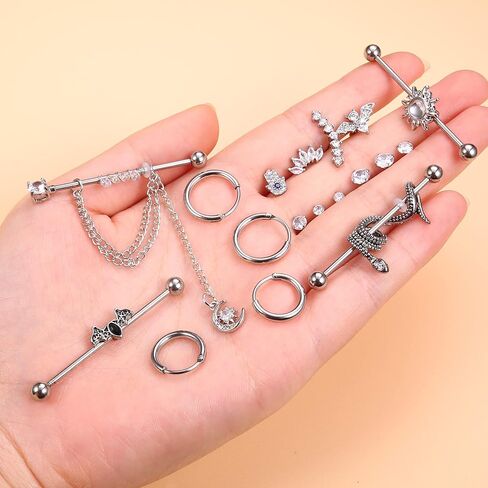JOERICA Industrial Piercing Jewelry 14G 16G Stainless Steel Chain Industrial Barbell Cartilage Helix Tragus Conch Stud Earrings Hoop Piercing Industrial Earrings for Women Men in Saudi Arabia