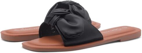 Shoe Land Womens Amilie Slip On Slides Bow Tie Square Open Toe Flat Sandals For Summer in Kuwait