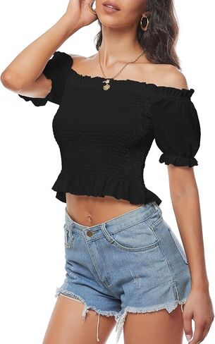 LYANER Women's Off Shoulder Shirred Short Sleeve Crop Blouse Tee Top in Kuwait