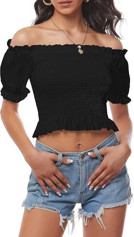 LYANER Women's Off Shoulder Shirred Short Sleeve Crop Blouse Tee Top in Kuwait