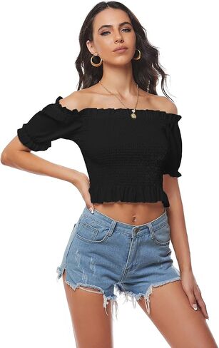 LYANER Women's Off Shoulder Shirred Short Sleeve Crop Blouse Tee Top in Kuwait
