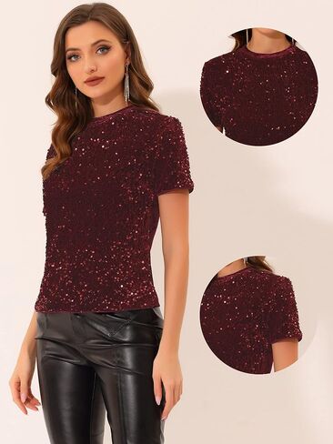 بلوزة Allegra K Sequin Top للنساء من المخمل برقبة دائرية وأكمام قصيرة للحفلات والهالوين in Kuwait
