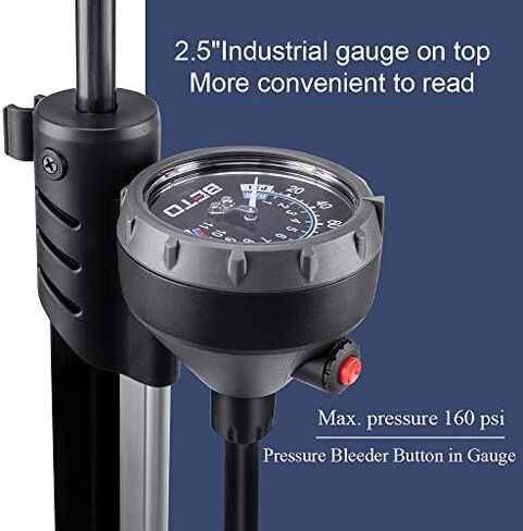 Beto Bike Pump Portable - Bicycle Floor Pump with Industrial Top-Mounted Gauge & Air Bleed Button - Presta Schrader Dunlop Valve Universal, Steel Tube 160 Psi Max (Sliver) in Kuwait