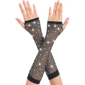 OTPEH Rhinestone Fingerless Fishnet Gloves For Women Kids Girls Fish Net Arm Sleeve 80s Party Costume Accessories Halloween in Saudi Arabia