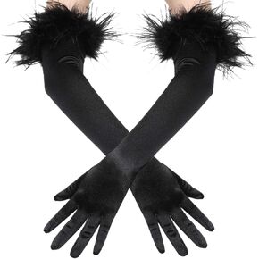 BABEYOND Long Satin Opera Gloves - Pageant Feather Gloves 1920s Stretchy Elbow Gloves for Halloween Costume Evening Party