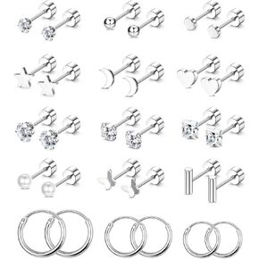 Florideco Small Tiny Stud Earrings for Women Men Stainless Steel Stud Earrings Sets CZ Heart Moon Star Flatback Earrings Cartilage Hoop Earrings in Kuwait