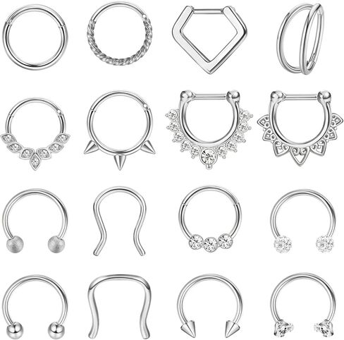 Besteel 16Pcs Septum Rings 16G Black Septum Jewelry Stainless Steel Daith Earrings Nose Rings Hoop CZ Cartilage Helix Tragus Earrings Septum Clicker Piercing Jewelry in Kuwait