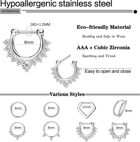 Besteel 16Pcs Septum Rings 16G Black Septum Jewelry Stainless Steel Daith Earrings Nose Rings Hoop CZ Cartilage Helix Tragus Earrings Septum Clicker Piercing Jewelry in Kuwait