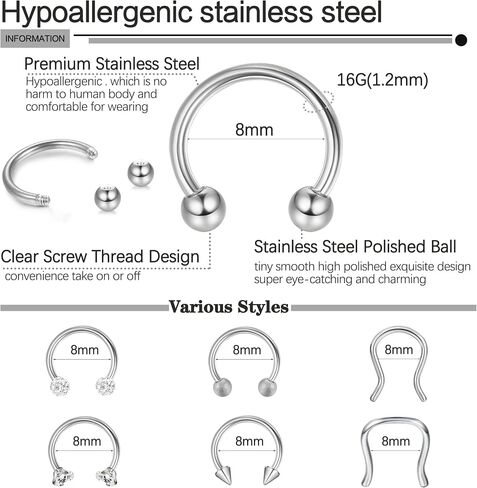 Besteel 16Pcs Septum Rings 16G Black Septum Jewelry Stainless Steel Daith Earrings Nose Rings Hoop CZ Cartilage Helix Tragus Earrings Septum Clicker Piercing Jewelry in Kuwait