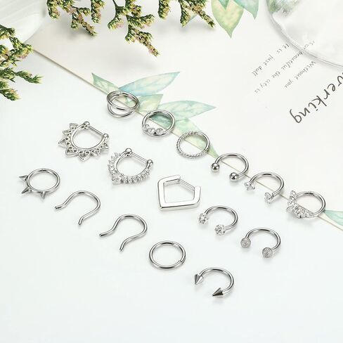 Besteel 16Pcs Septum Rings 16G Black Septum Jewelry Stainless Steel Daith Earrings Nose Rings Hoop CZ Cartilage Helix Tragus Earrings Septum Clicker Piercing Jewelry in Kuwait