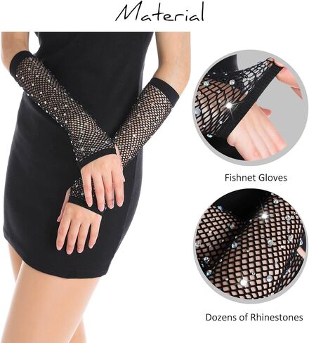 OTPEH Rhinestone Fingerless Fishnet Gloves For Women Kids Girls Fish Net Arm Sleeve 80s Party Costume Accessories Halloween in Kuwait