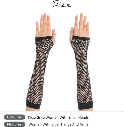 OTPEH Rhinestone Fingerless Fishnet Gloves For Women Kids Girls Fish Net Arm Sleeve 80s Party Costume Accessories Halloween in Kuwait