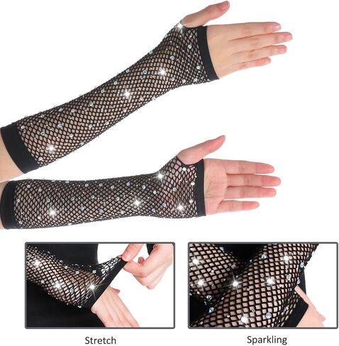 OTPEH Rhinestone Fingerless Fishnet Gloves For Women Kids Girls Fish Net Arm Sleeve 80s Party Costume Accessories Halloween in Kuwait
