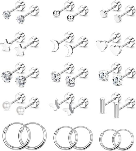 Florideco Small Tiny Stud Earrings for Women Men Stainless Steel Stud Earrings Sets CZ Heart Moon Star Flatback Earrings Cartilage Hoop Earrings in Kuwait
