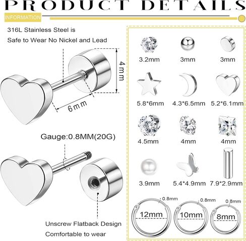 Florideco Small Tiny Stud Earrings for Women Men Stainless Steel Stud Earrings Sets CZ Heart Moon Star Flatback Earrings Cartilage Hoop Earrings in Kuwait