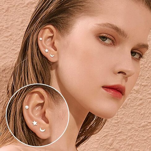 Florideco Small Tiny Stud Earrings for Women Men Stainless Steel Stud Earrings Sets CZ Heart Moon Star Flatback Earrings Cartilage Hoop Earrings in Kuwait