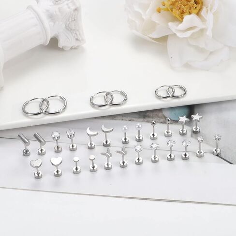 Florideco Small Tiny Stud Earrings for Women Men Stainless Steel Stud Earrings Sets CZ Heart Moon Star Flatback Earrings Cartilage Hoop Earrings in Kuwait