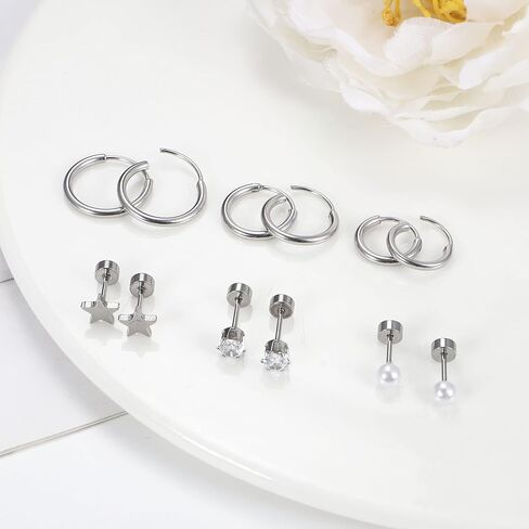 Florideco Small Tiny Stud Earrings for Women Men Stainless Steel Stud Earrings Sets CZ Heart Moon Star Flatback Earrings Cartilage Hoop Earrings in Kuwait