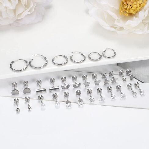 Florideco Small Tiny Stud Earrings for Women Men Stainless Steel Stud Earrings Sets CZ Heart Moon Star Flatback Earrings Cartilage Hoop Earrings in Kuwait