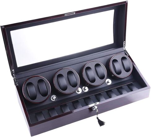 ملفاف ساعة، XTELARY Luxury 4 Motor Quad Watch Winders للساعات الأوتوماتيكية صندوق عرض آمن وخشبي 8+9 تخزين (أبنوسي) in Kuwait
