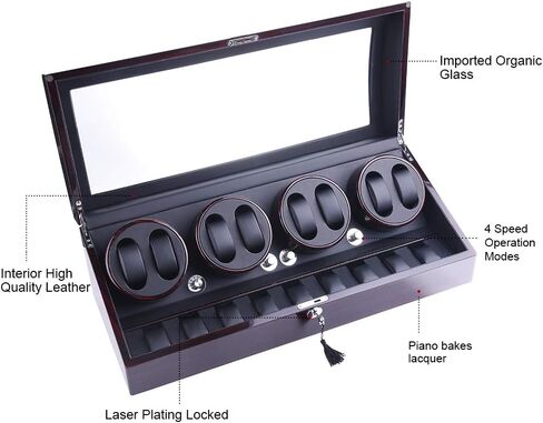 ملفاف ساعة، XTELARY Luxury 4 Motor Quad Watch Winders للساعات الأوتوماتيكية صندوق عرض آمن وخشبي 8+9 تخزين (أبنوسي) in Kuwait