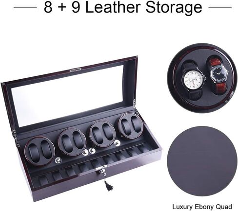 ملفاف ساعة، XTELARY Luxury 4 Motor Quad Watch Winders للساعات الأوتوماتيكية صندوق عرض آمن وخشبي 8+9 تخزين (أبنوسي) in Kuwait