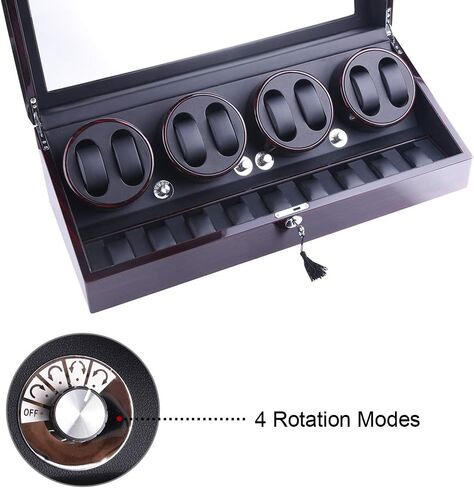 ملفاف ساعة، XTELARY Luxury 4 Motor Quad Watch Winders للساعات الأوتوماتيكية صندوق عرض آمن وخشبي 8+9 تخزين (أبنوسي) in Kuwait