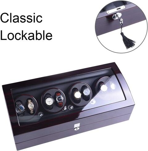 ملفاف ساعة، XTELARY Luxury 4 Motor Quad Watch Winders للساعات الأوتوماتيكية صندوق عرض آمن وخشبي 8+9 تخزين (أبنوسي) in Kuwait