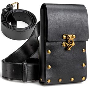 Waist Bag Belt Purse Fanny Pack Crossbody Motorcycle Hiking Phone Holder Wallet Vintage Leather Casual Fashion Daypack Gothic Festival Costume Hip Pouch for Women Men (Black)