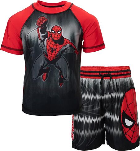 مجموعة ملابس Marvel Spider-Man Little Boys للحماية من الطفح الجلدي وسروال السباحة، رمادي/أحمر 4 in Saudi Arabia