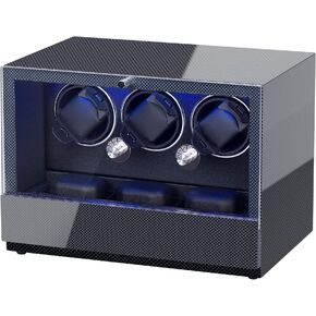 LUKDOF Watch Winder for 3 Automatic Watches, with Extra 3 Watch Storage, LED Illumination, Carbon Fiber Exterior and Soft Flexible Pillows, Silent Motor Automatic Watch Winder Box in Saudi Arabia